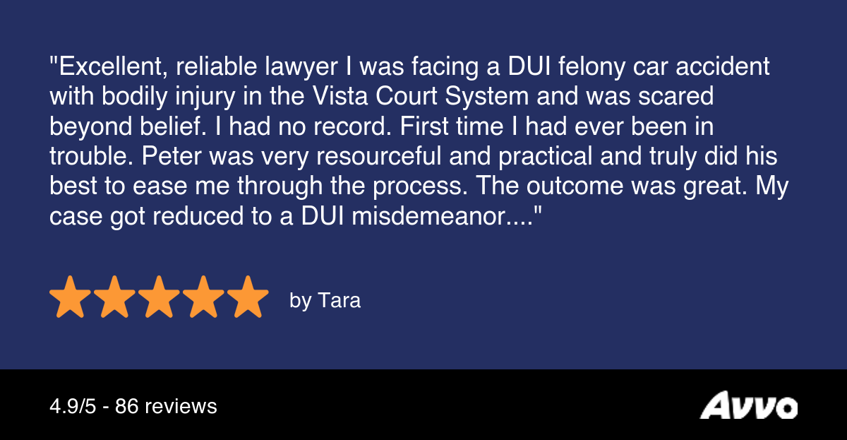 Review saying, "Excellent, reliable lawyer. I was facing a DUI felony car accident with bodily injury in the Vista Court System and was scared beyond belief. I had no record. First time I had ever been in trouble. Peter was very resourceful and practical and truly did his best to ease me through the process. The outcome was great. My case got reduced to a DUI misdemeanor."