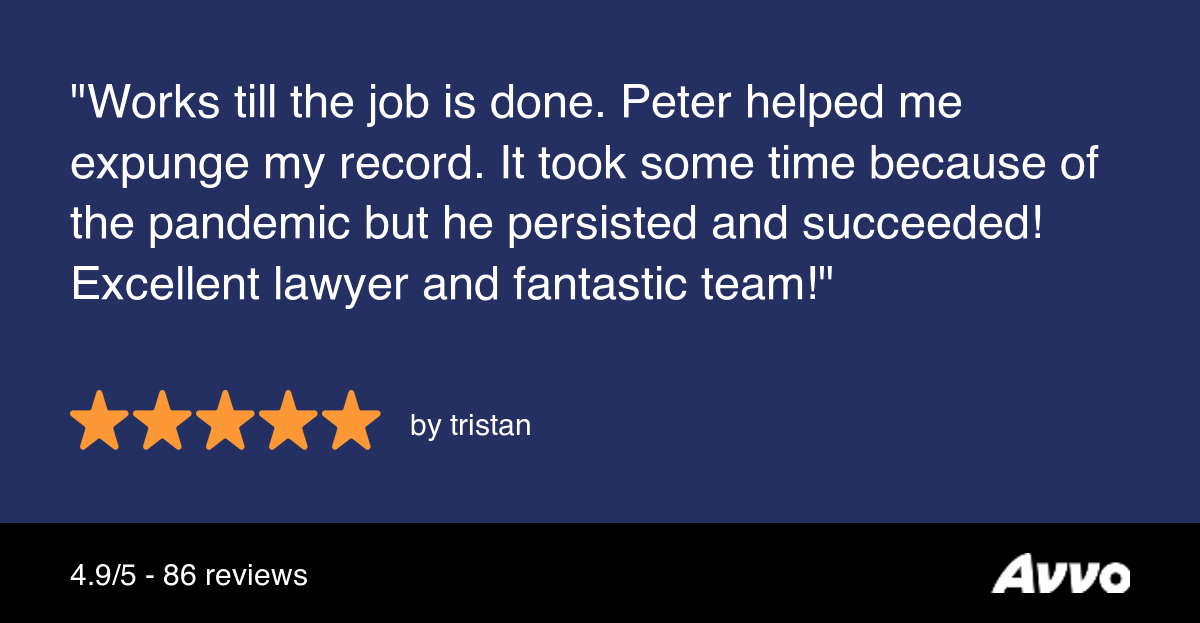 Review quote reading, "Works till the job is done. Peter Helped me expunge my record. It took some time because of the pandemic but he persisted and succeeded! Excellent lawyer and fantastic team!"